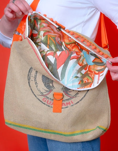 Kaffeesacktasche „Ariane“ Innenfutter Tropical  / Sac en toile de Jute (ancien sac de café) "Ariane" - Doublure Tropical